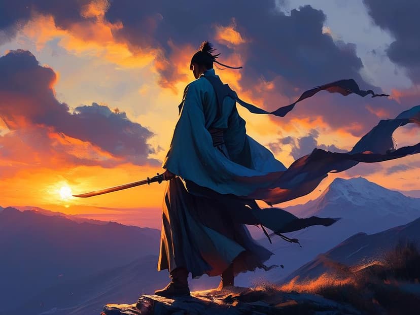 黄昏时分，一位身着古风长袍的侠客站在山巅，夕阳映照下光影交错，山风吹起衣角，侠客手持长剑，目光坚定，背景是山峦叠嶂，云雾缭绕，远处有寺庙的轮廓，画面充满意境