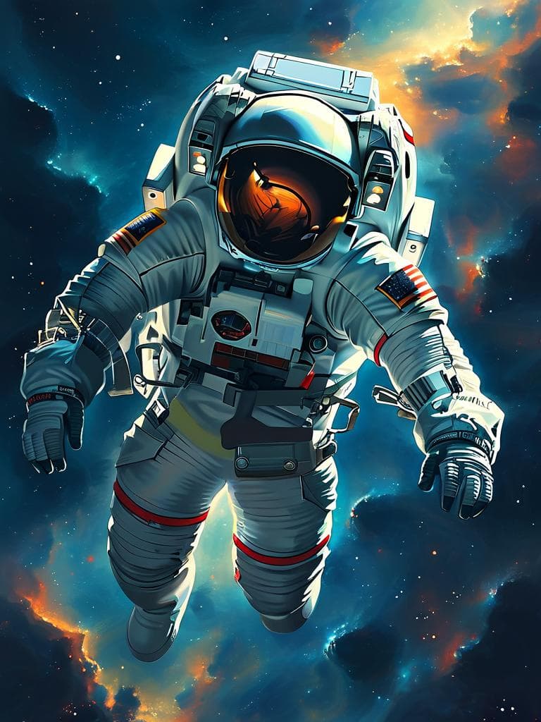 手绘风格太空场景，一名宇航员漂浮在星云中，头盔反射星光与飞船剪影