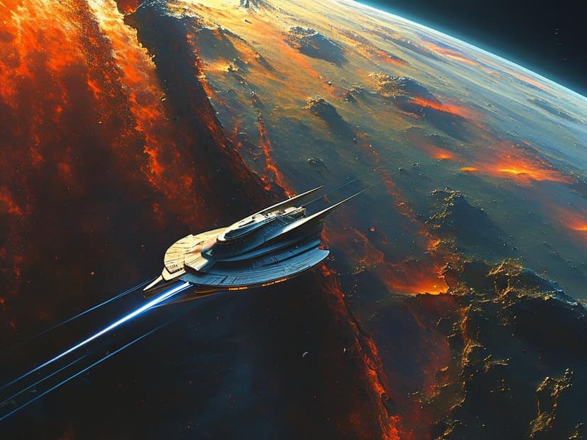 史诗级宇宙视野中，一块透明如薄膜的二向箔从太阳系外边缘以光速扩展，前沿区域已形成二维平面，后方保留三维立体；远端行星仍是完整球体，靠近箔边界处逐渐扁平。三维太阳与行星在边缘被拉扯成扁平符号，二维太阳燃烧成血红平面瀑布般铺展。成片的二维星体如巨幅工程图，细节到内部结构清晰可见。画面偏前：一艘小型未来派飞船以接近光速穿越三维-二维交界，尾迹被时空拉伸成细长蓝白光带。星云、尘埃、二维残骸与三维行星交织，强烈对比震撼视觉。画面风格为电影级光影质感、极致纹理细节、超高分辨率、21:9 宽幅史诗构图，尽显降维过程的剧烈与“幸存者”逃亡的孤勇悲壮