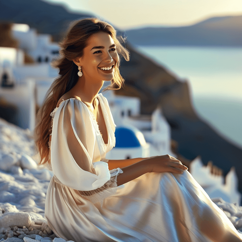 A very beautiful smiling woman called Elle wearing a long white satin dress sitting on a breathtaking nice beach somewhere in Greece at sunset, blurry background with mountains, white houses and blue roofs, side view, fantasy, dreaming, cinematic, trending on ArtStation,  award winning, a masterpiece
