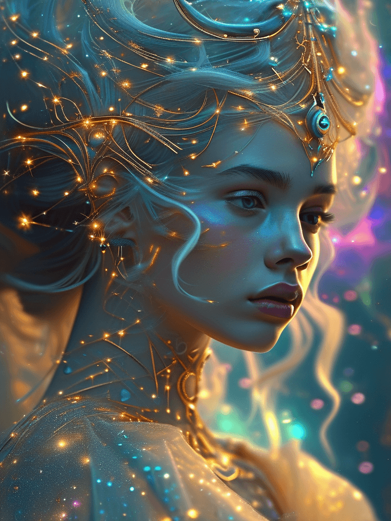 Gorgeous Galactic, A hyper-realistic portrait of a galactic female with glowing skin that shimmers with the colors of the cosmos, adorned with intricate golden ornaments and celestial jewelry. Her body is marked with luminescent runes that pulse faintly, creating a mystical aura. She wears a flowing, iridescent robe made of stardust-like fabric, and her hair cascades like a nebula, swirling with vibrant colors. The background features distant galaxies and stars, with soft beams of light illuminating her divine form. The image is framed with a cinematic close-up to capture the intricate details of her ornaments and glowing runes.