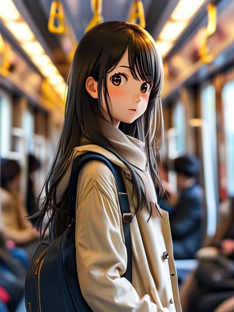 (masterpiece, best quality, ultra detailled, detailed face, pretty girl, (flat cheat:1.2,) slim waist, medium hips) (((adorable, cute, kawaii)), A young japanese female in her early twenties, standing on her feet in the aisle of a train. Her long hair, flowing down to her waist, frames her delicate features, including her petite nose and pursed lips. She has a slim waist and medium hips, accentuated by her loose blue-jeans that hug her curves gently. Her flat chest is barely visible beneath her unbuttoned jacket, adding to her boyish figure. The young woman's hands are securely gripping onto the metal bar above her, providing stability and support as the train continues its journey. The background shows a blurry vision of the train car, with other passengers seated and standing around her, going about their business. The fluorescent lights above cast a cold, harsh glow on her face, emphasizing her focus and determination to remain connected and entertained during the ride. View from the side., cute moe anime character portrait, adorable, featured on pixiv, kawaii mo masterpiece, cuteness overload, very detailed, sooooo adorable!!!, absolute masterpiece
