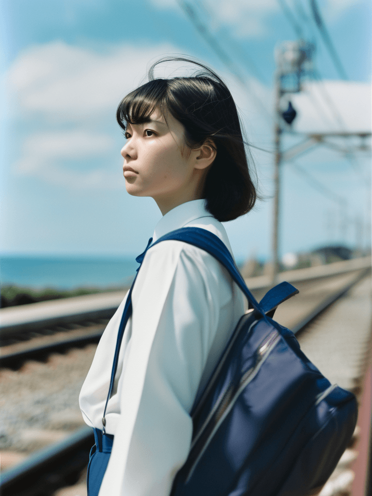 Japanese Culture Style, Emotional Photos, 35mm film, soft focus, Back view of a young Japanese woman waiting at a train crossing, blue sky, Seaside