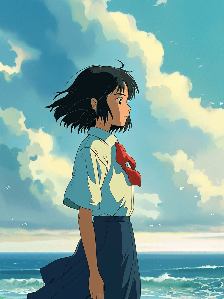 A girl standing by the sea